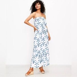 Loft Blue And White Starburst Tie Dye Strapless Maxi Dress